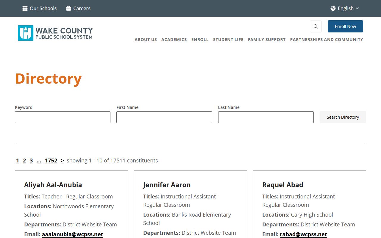 Wake County Public Schools staff directory for Cary phone lookups