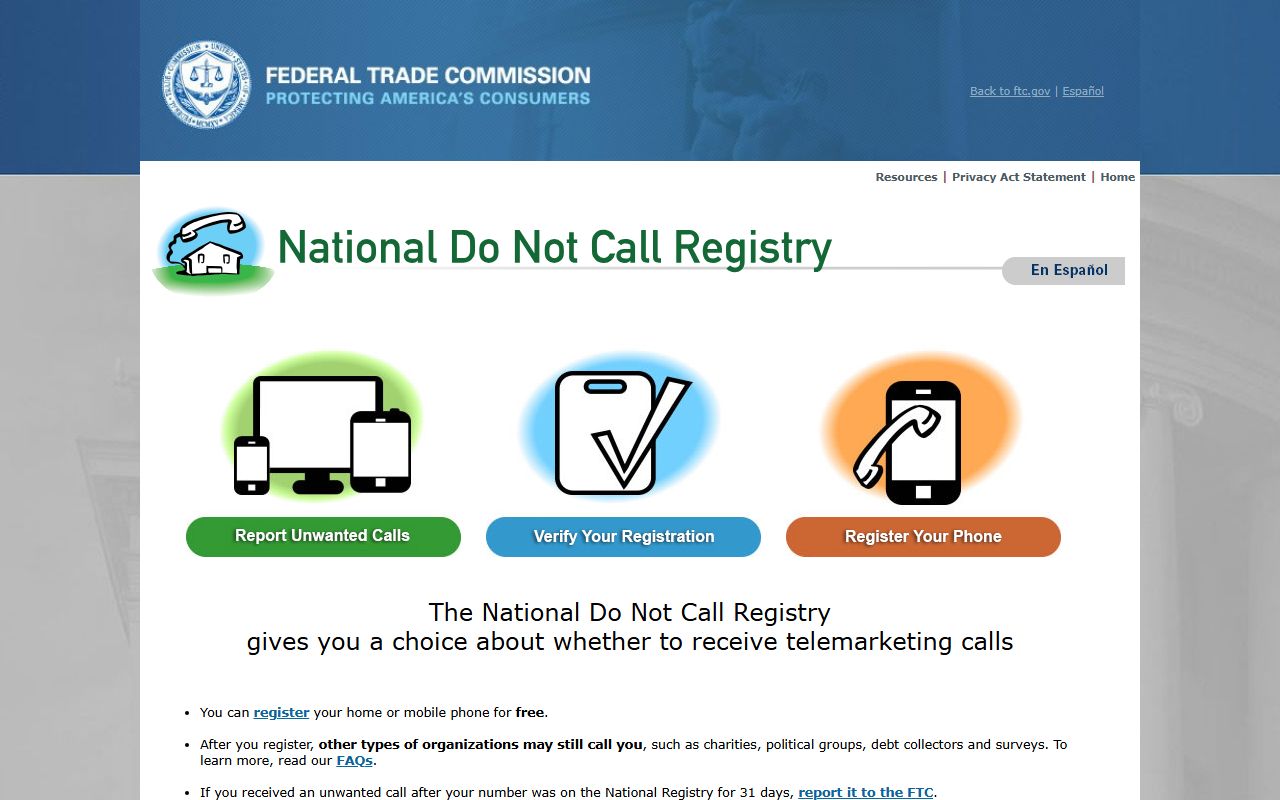 FTC Do Not Call Registry for phone-code and unwanted-call context